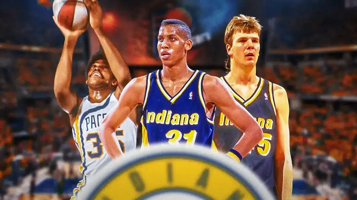 Rik Smits, Roger Brown, Reggie Miller all in Pacers jerseys with Pacers logo in front of them.