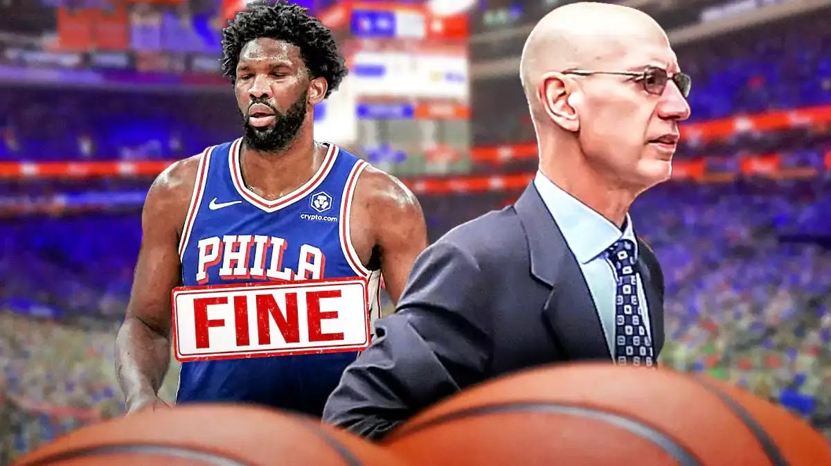 76ers' Joel Embiid with the word "fine" written on him next to Adam Silver
