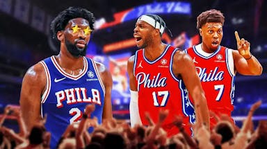 76ers' Joel Embiid with stars covering his eyes looking at Buddy Hield and Kyle Lowry