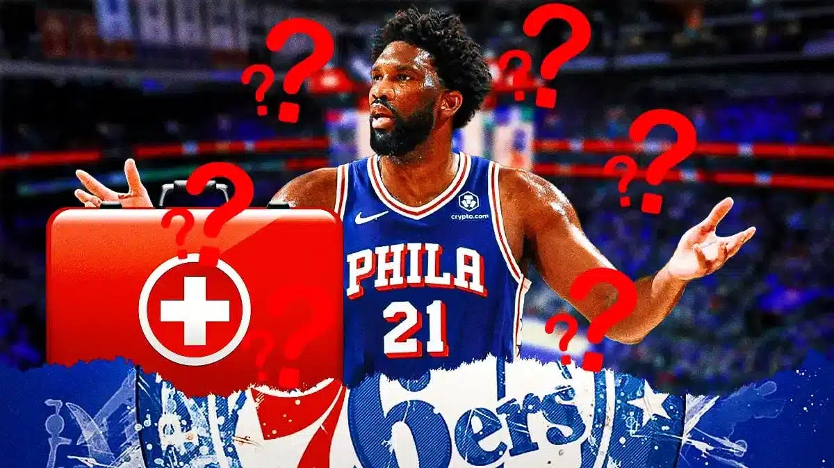 76ers' Joel Embiid surrounded by question marks and a first-aid kit