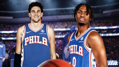 Mike Muscala in a 76ers jersey and Tyrese Maxey