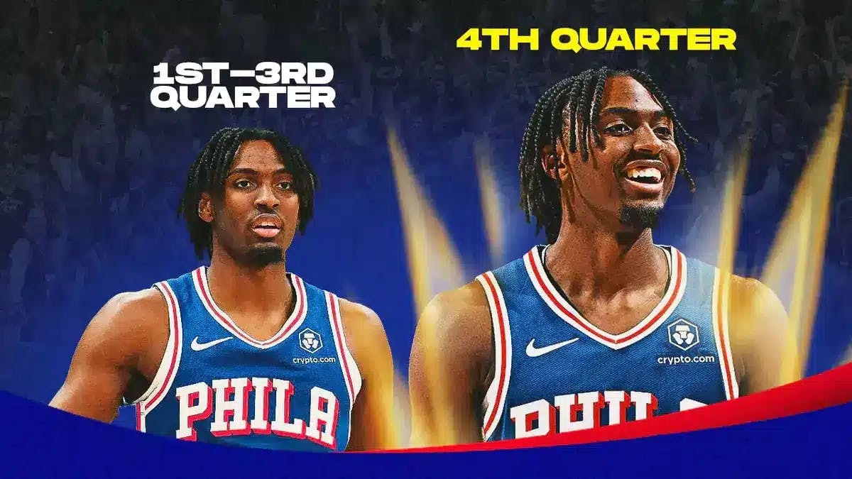 76ers' Tyrese Maxey looking serious under the caption of "1st-3rd quarter" and looking happy and glowing under the caption "4th quarter"