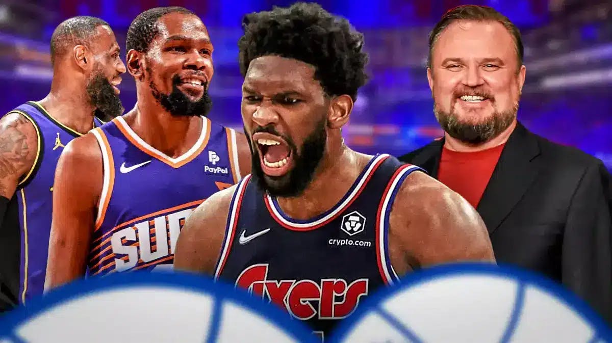 76ers' Joel Embiid hyped up in the middle with Daryl Morey, with Lakers' LeBron James and Suns' Kevin Durant laughing