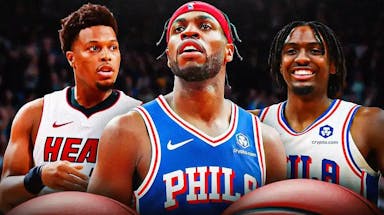 Buddy Hield, Kyle Lowry and Tyrese Maxey, PHI 76ers logo, basketball court in background