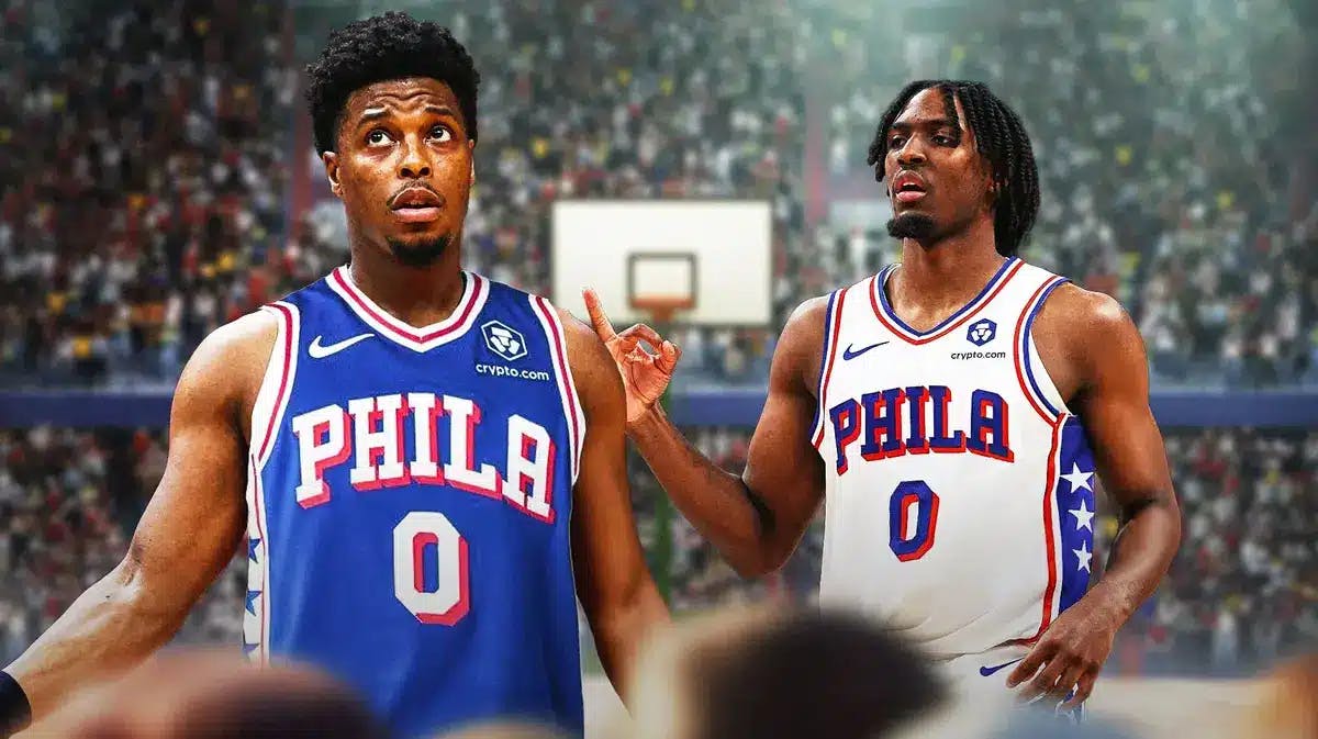 Kyle Lowry in 76ers uniform next to Tyrese Maxey