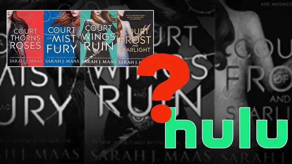ACOTAR book series above left, red question mark in the middle, hulu logo below right