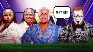 Ric Flair and the Young Bucks on the left, Sting on the right with a text bubble reading “Why Ric?” with the AEW logo as the background.