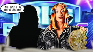Mercedes Mone next to the blacked out silhouette of AEW’s Athena with a text bubble reading “I might finally get one of my dream matches” with the AEW Big Business logo as the background.