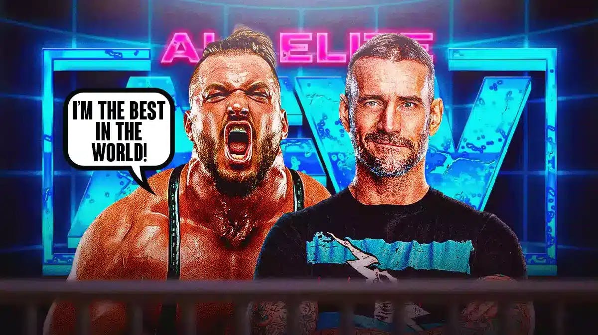 Wardlow with a text bubble reading “I’m the Best in the World!” next to AEW CM Punk with the AEW logo as the background.