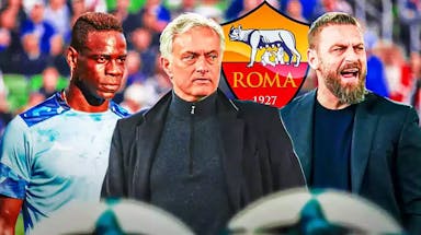 Mario Balotelli, Jose Mourinho, Daniele De Rossi in front of the AS Roma logo