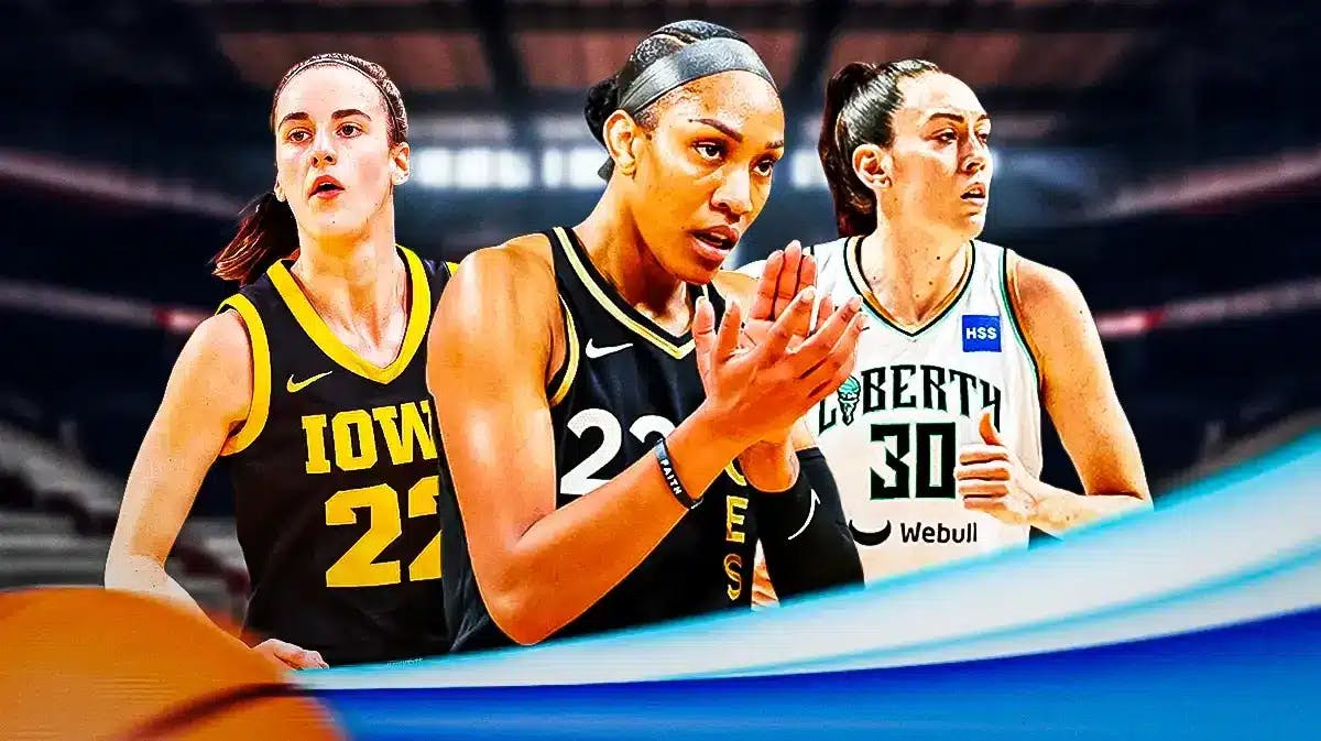A’ja Wilson in the center, with Iowa women’s basketball player Caitlin Clark, and New York Liberty player Breanna Stewart
