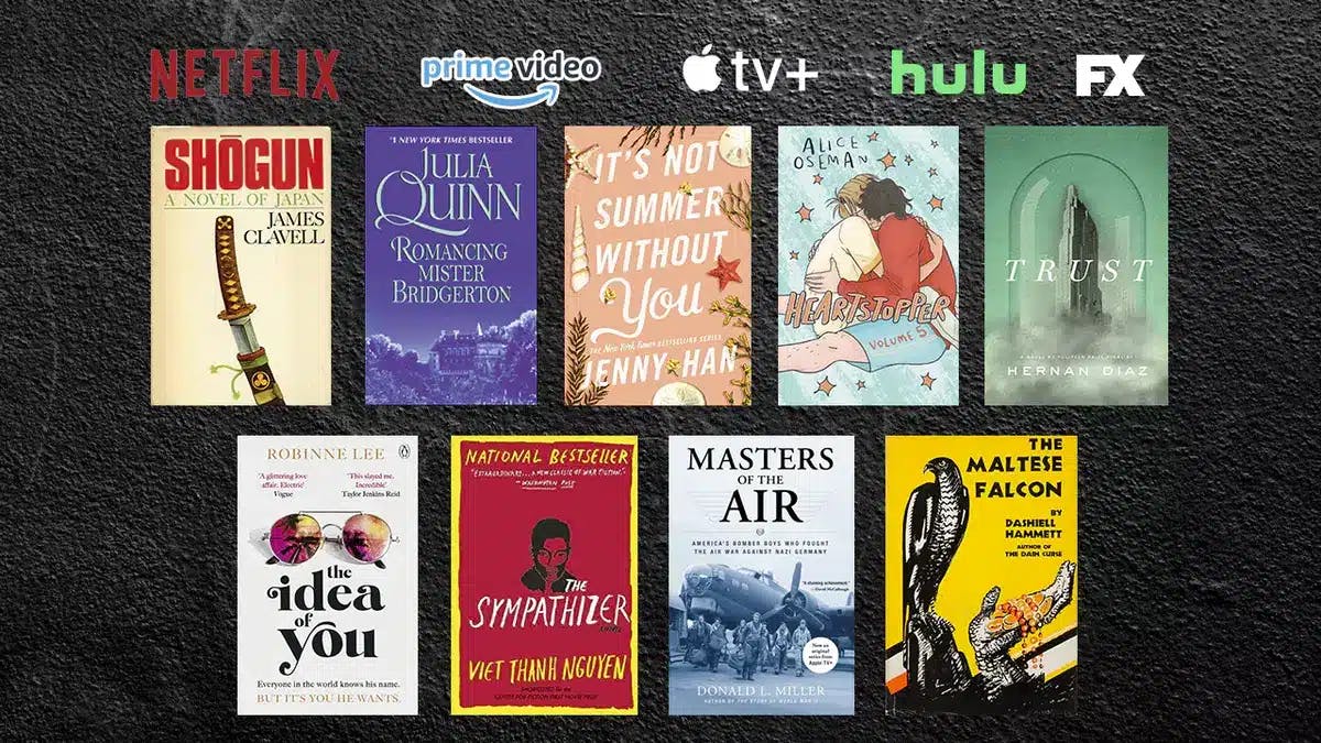 Netflix, Prime Video, Apple TV+, hulu and FX logos; Shogun, Romancing Mr. Bridgerton, It's Not Summer Without You, Heartstopper, Trust, The Idea of You, The Sympathizer, Masters of the Air, The Maltese Falcon book covers