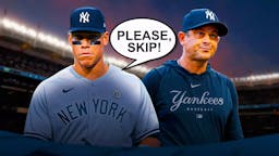 Photo: Aaron Judge saying “Please, skip!” in Yankees jersey, Aaron Boone beside him, Yankee Stadium as background
