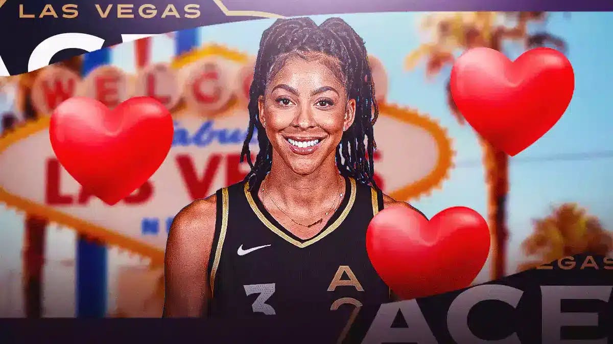 WNBA Las Vegas Aces Candace Parker, in Aces uniform, with the city of Las Vegas, Nevada in the background, and heart emojis