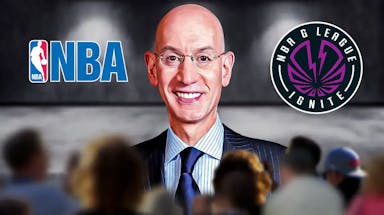 Adam Silver stands next to NBA and G League Ignite logos amid college basketball NIL valuations news