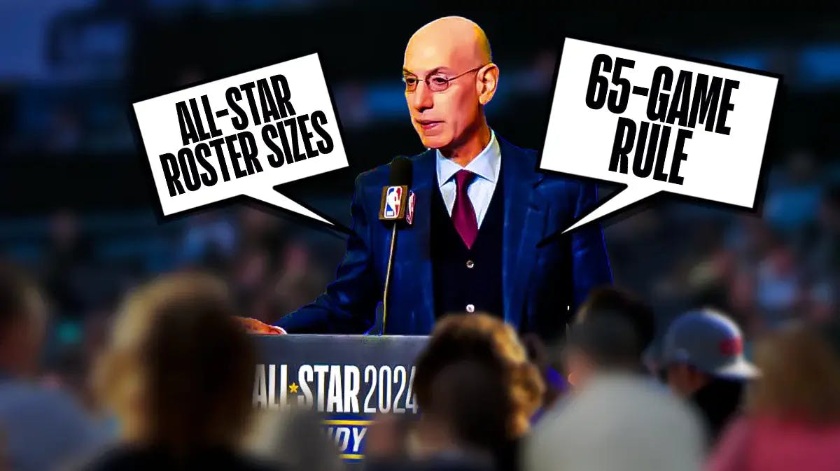 NBA commissioner Adam Silver with quote bubbles of "All-Star roster sizes" and "65-game rule" at All-Star podium.