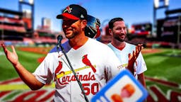 St. Louis Cardinals pitcher Adam Wainwright in front of a microphone.