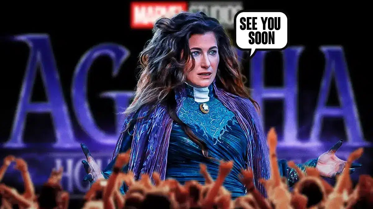 Pic of Kathryn Hahn as her Agatha MCU character, with speech bubble “See you soon”