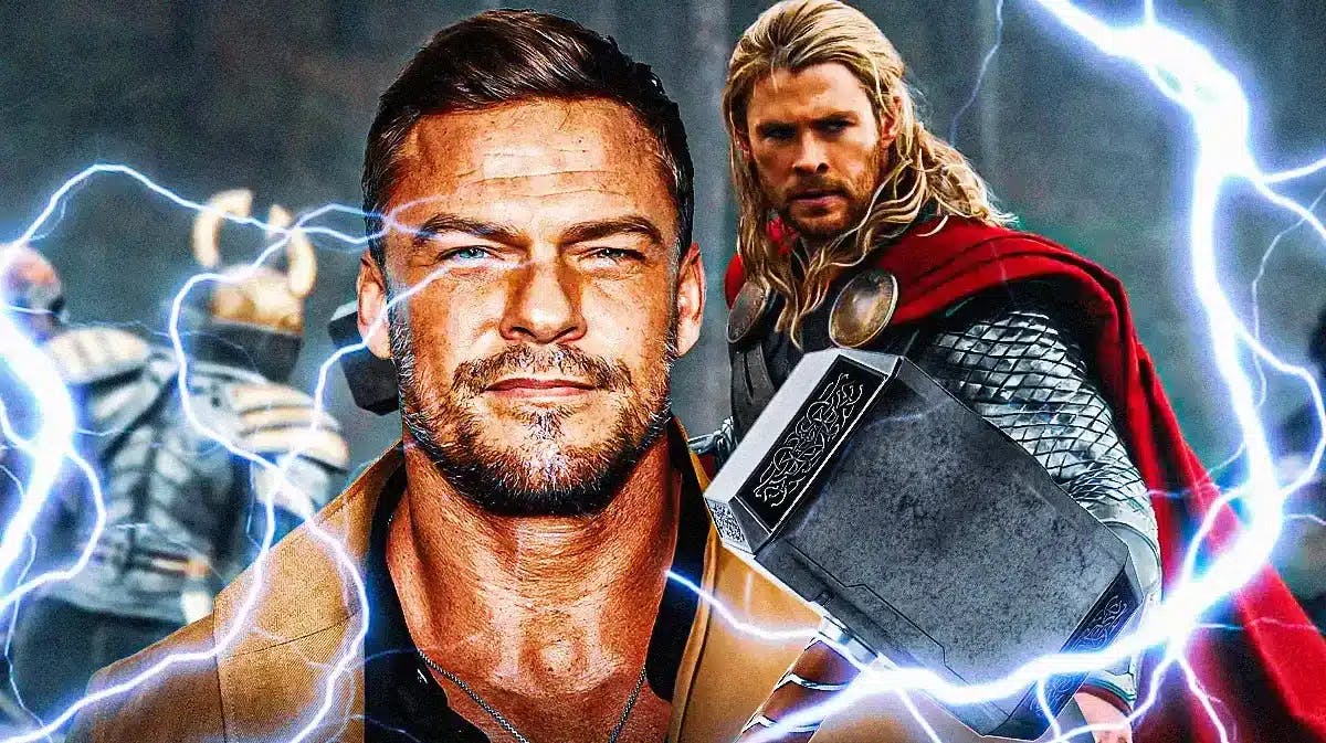 Alan Ritchson next to Chris Hemsworth as MCU Thor.