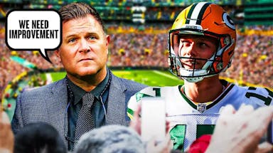 Brian Gutekunst next to Anders Carlson (Packers) Caption from Gutekunst saying “We need improvement”