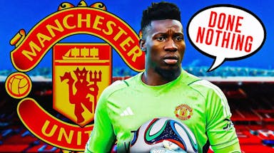 Andre Onana saying: ‘Done nothing’ in front of the Manchester United logo