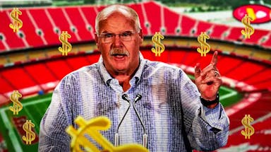Chiefs head coach Andy Reid, dollar signs, Arrowhead Stadium in back