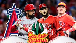 Carlos Estevez, Anthony Rendon, Mike Trout all together with Angels logo in background. In front is Cactus League logo.