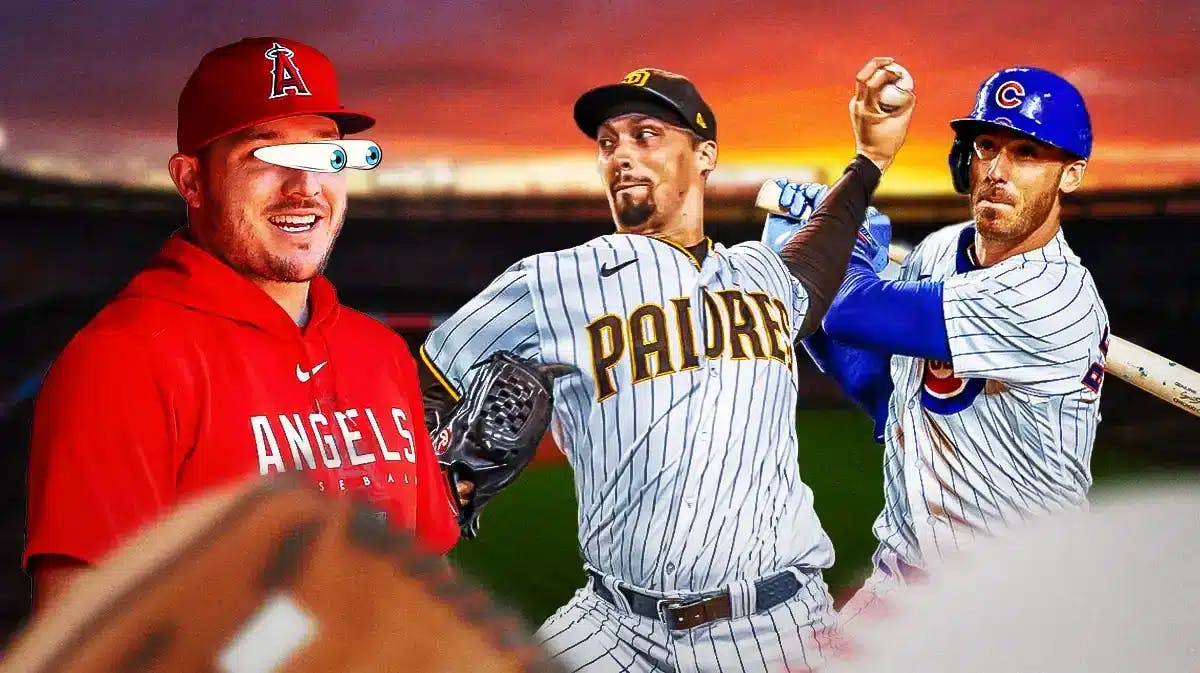 Mike Trout eyes popping out looking at Padres' Blake Snell pitching a baseball, Cubs' Cody Bellinger swinging a bat. Angel Stadium background.