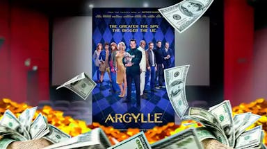 Argylle poster in a movie theater and burning money