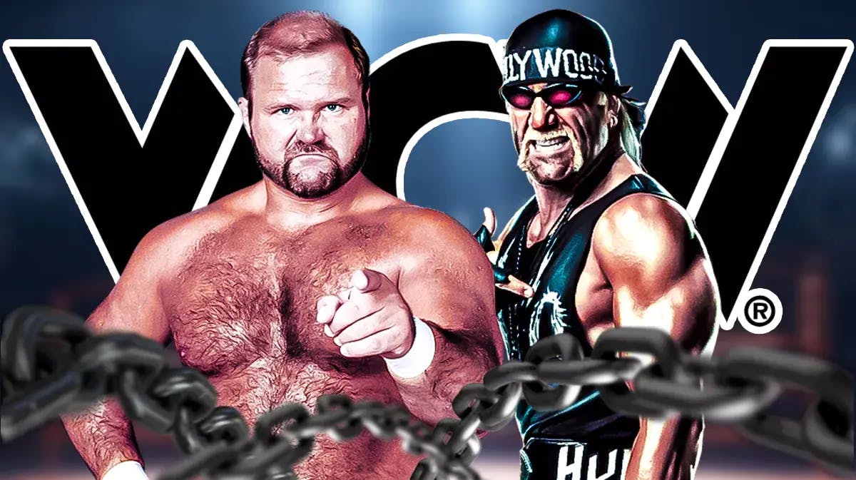 Arn Anderson next to WCW “Hollywood” Hulk Hogan with the WCW logo as the background.