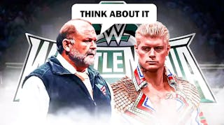 Arn Anderson with a text bubble reading “Think about it” next to Cody Rhodes with the WrestleMania 40 logo as the background.
