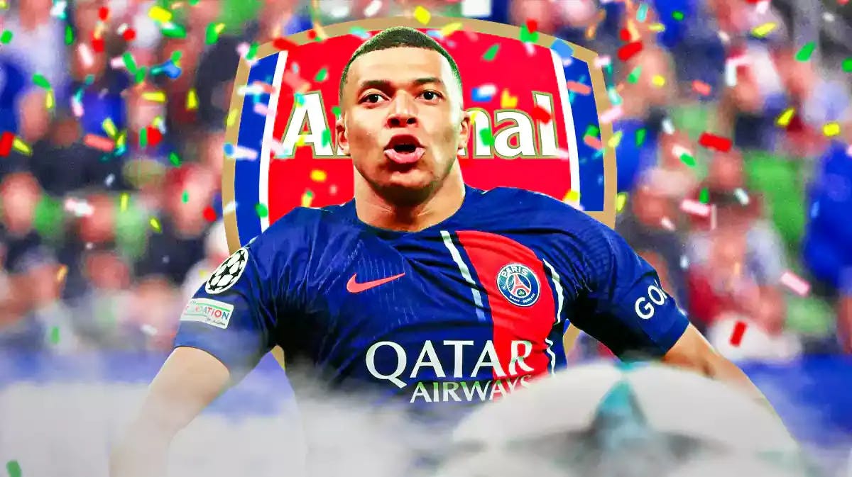 Kylian Mbappe celebrating in front of the Arsenal logo