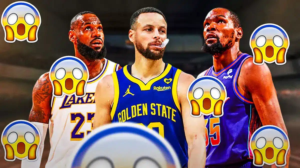 LeBron James, Stephen Curry, and Kevin Durant with a bunch of shocked emojis in the background