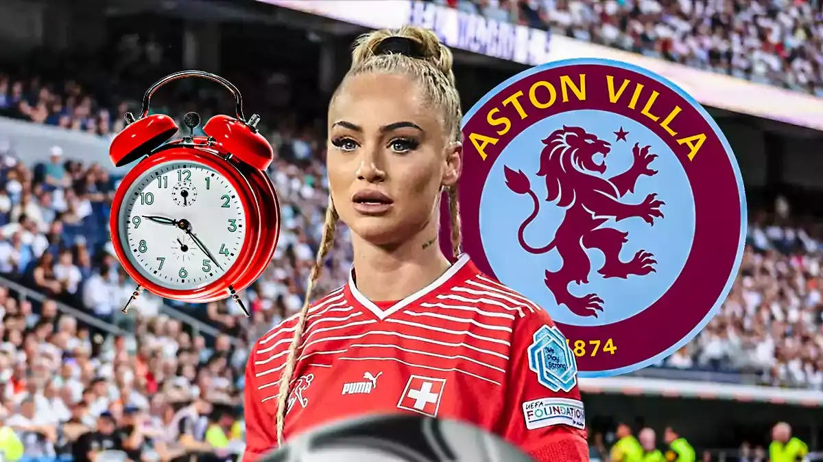 Alisha Lehmann with an alarm clock next to her, the Aston Villa logo in the back