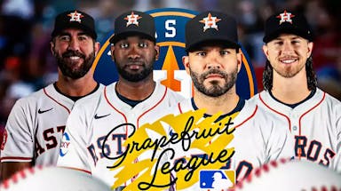 Justin Verlander, Josh Hader (if you can get him in Astros gear. If not replace him with Jeremy Pena), Yordan Alvarez, and Jose Altuve all together. The Astros logo in the background and the Grapefruit League logo in the front.