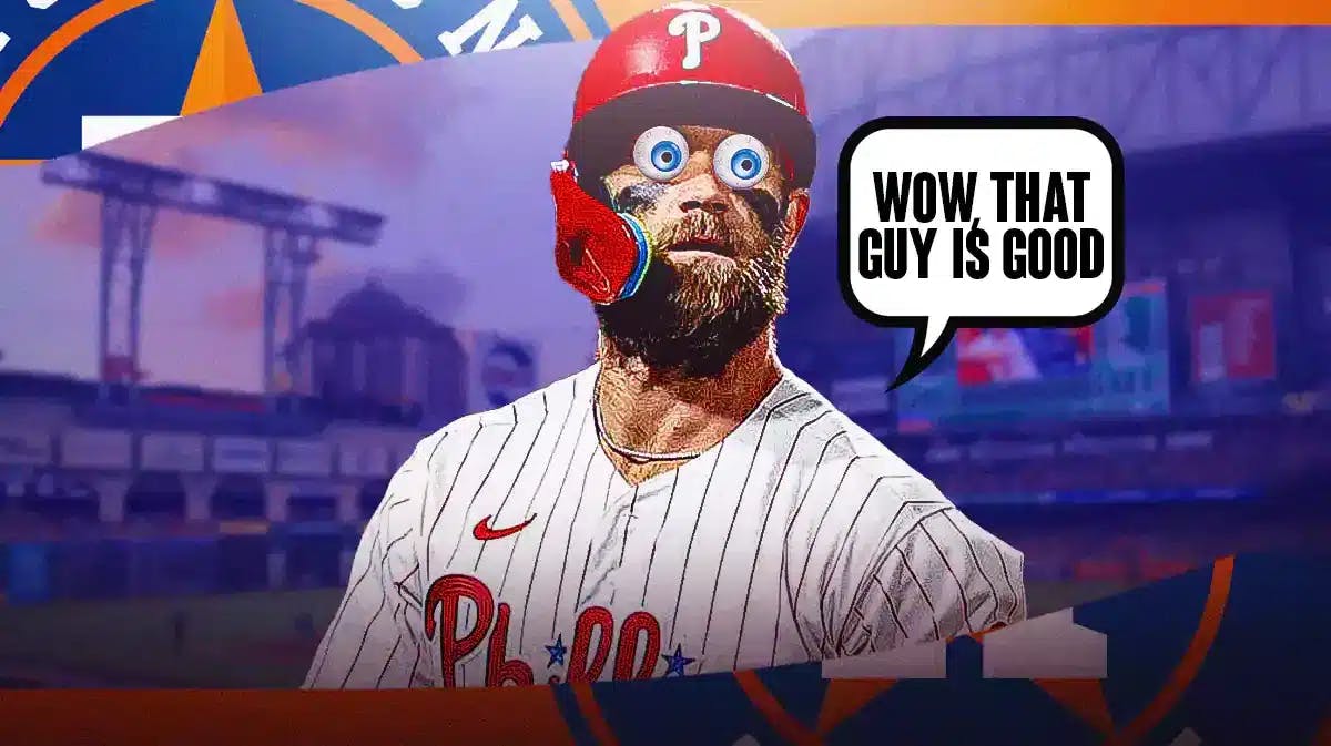 Phillies' Bryce Harper saying the following: Wow, that guy is good. Have Harper’s eyes popping out.