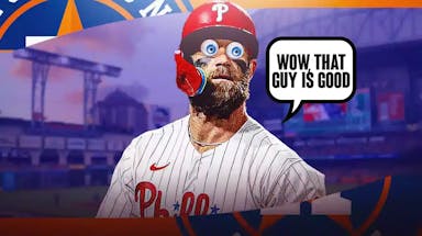 Phillies' Bryce Harper saying the following: Wow, that guy is good. Have Harper’s eyes popping out.