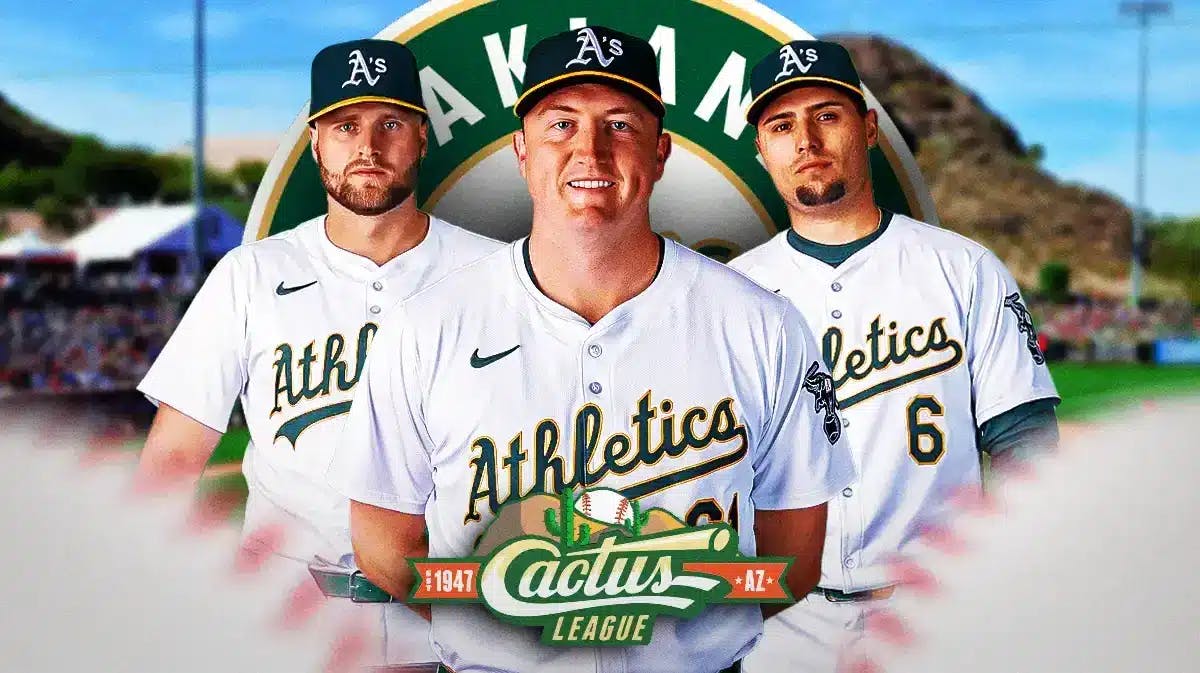 Zach Jackson, Seth Brown, Aledmys Diaz all together with Athletics logo in background and Cactus League logo in front.