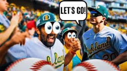 Zack Gelof on one side with a speech bubble that says “Let’s go!” a bunch of Oakland Athletics fans on the other side with the big eyes emoji over their faces. Athletics 2024 season