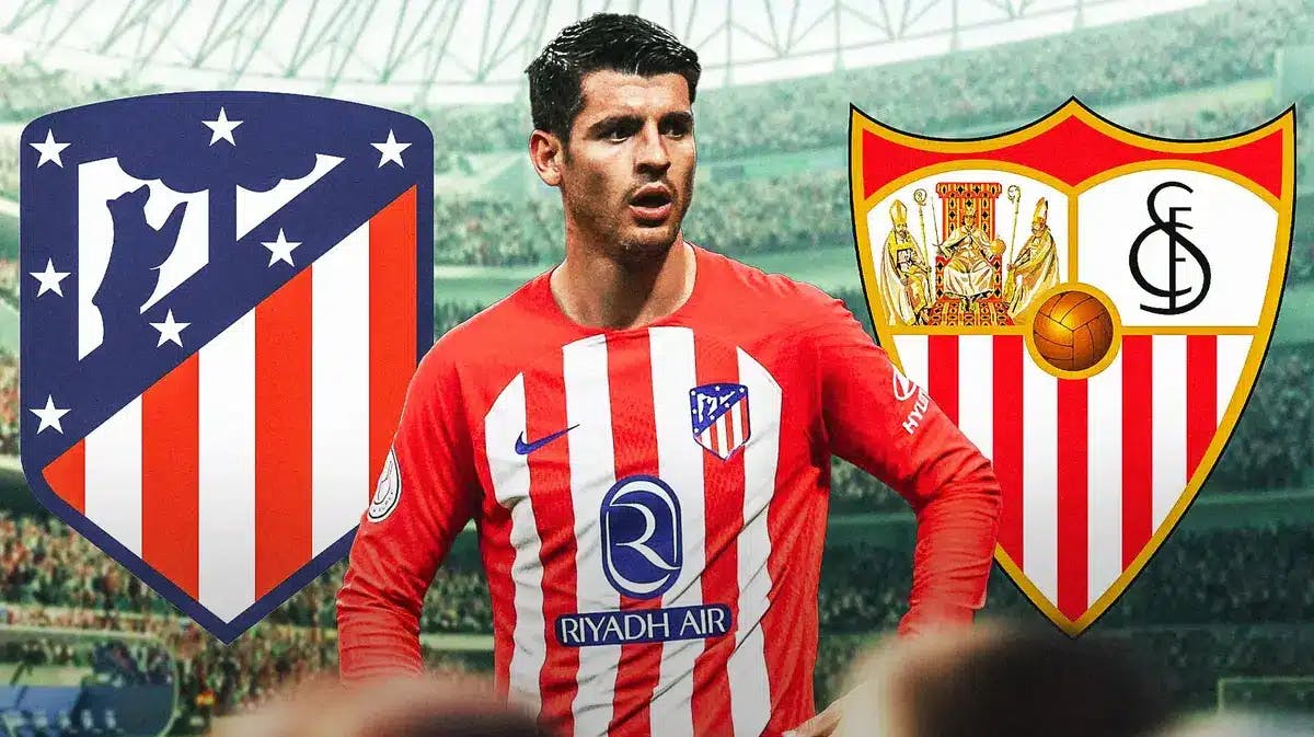 Alvaro Morata looking sad in front of the Atletico Madrid and Sevilla logos