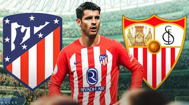 Alvaro Morata looking sad in front of the Atletico Madrid and Sevilla logos