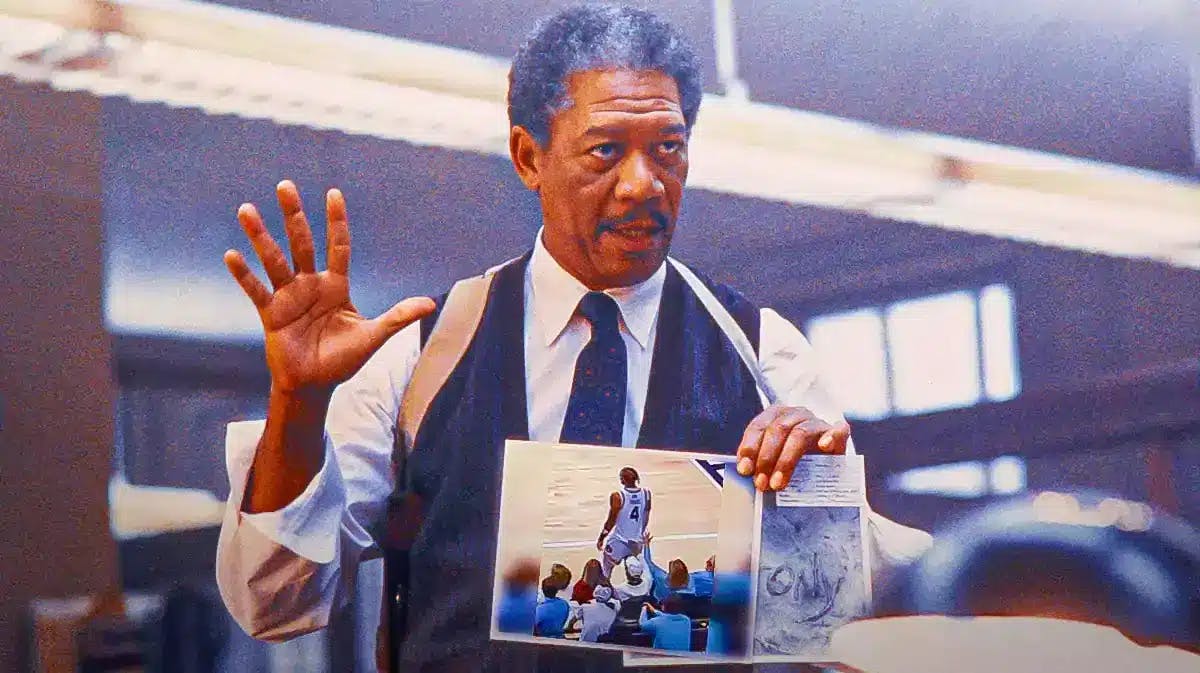 Morgan Freeman holding screenshot of Johni Broome (Auburn basketball)