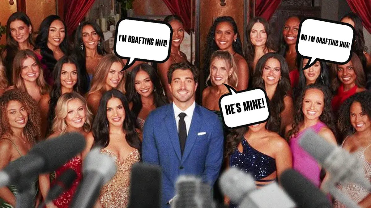 A group shot of the cast of this season of The Bachelor, with three of the contestants having speech bubbles, "I’m drafting him!” “No I’m drafting him!” “He’s mine! I’ve got first pick!”