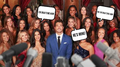 A group shot of the cast of this season of The Bachelor, with three of the contestants having speech bubbles, "I’m drafting him!” “No I’m drafting him!” “He’s mine! I’ve got first pick!”
