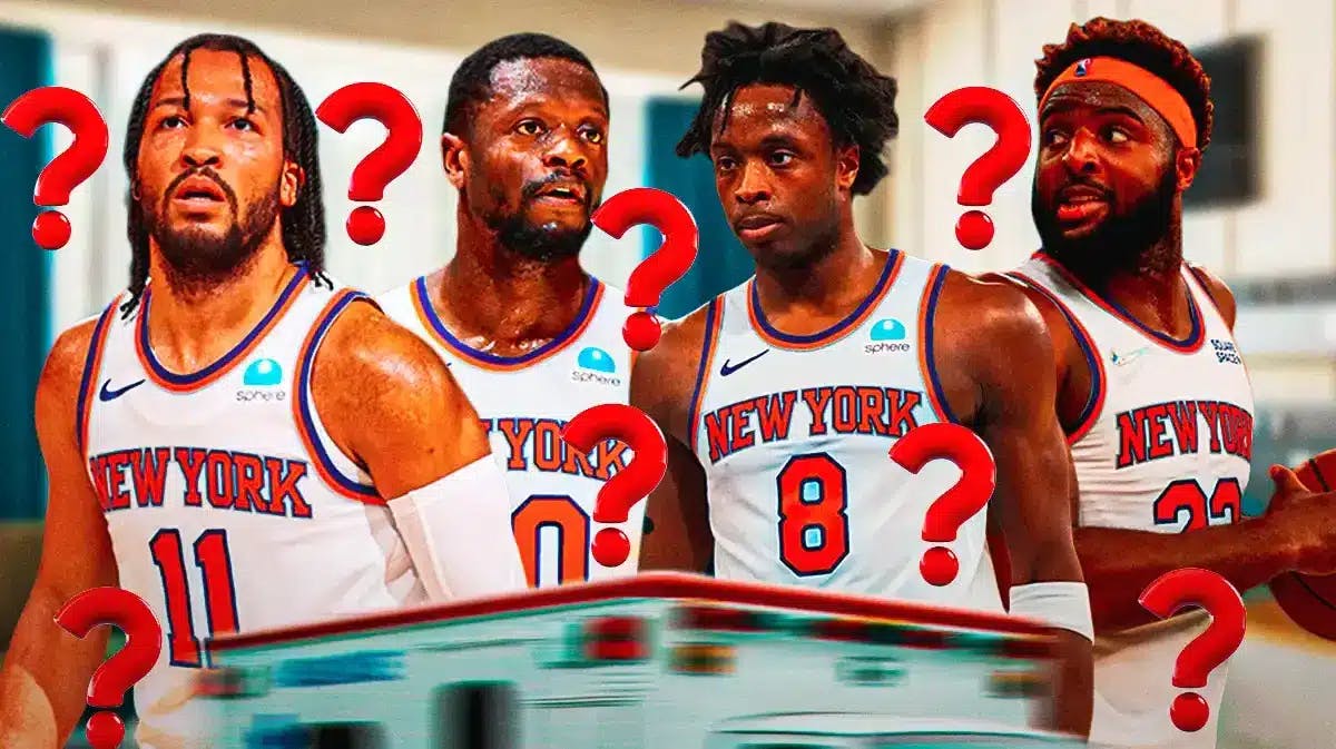 Jalen Brunson, Julius Randle, OG Anunoby, and Mitchell Robinson in a hospital room surrounded by question marks. All in KNICKS uniforms.
