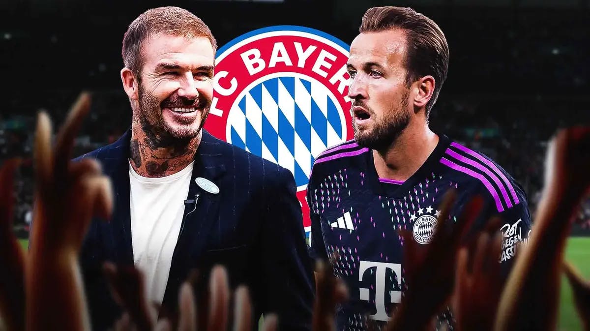 Harry Kane and David Beckham looking towards each other, the Bayern Munich logo behind them