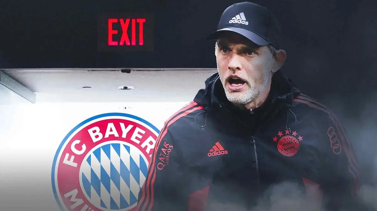 Thomas Tuchel in front of the Bayern Munich logo, an exit door next to him