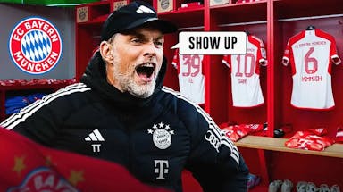 Thomas Tuchel saying: ‘show up’ in the dressing room, the Bayern Munich logo on the wall