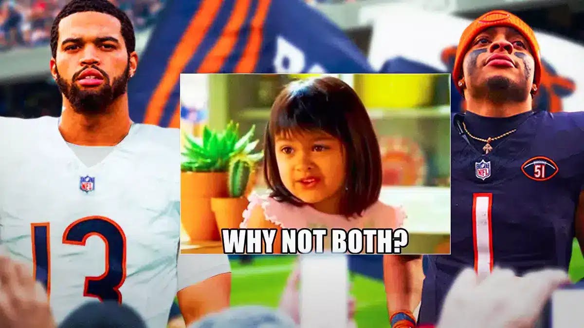 Caleb Williams and Justin Fields with the "Why not both?" meme