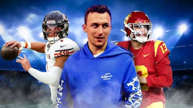 Johnny Manziel in middle wearing normal clothes. Bears' Justin Fields throwing a football on left, USC football’s Caleb Williams throwing a football on right.